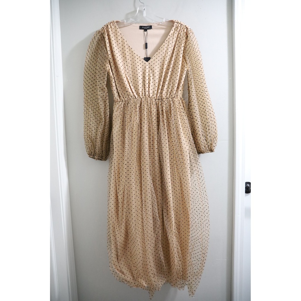 Beulah Style Tan Polka Dot‎ Tulle V-Neck Midi Dress Long Balloon Sleeve DC3380 S
